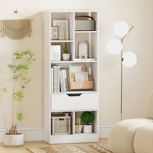 51inch Tall Freestanding Bookcase with Drawer 7-Cube Storage Organizer-White