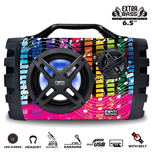 NEM Stereo Boombox with Bluetooth, LED Lights, NFC, USB, AUX-In, Radio, MP3 & Mic/Guitar Input