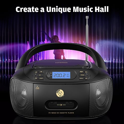 CD Tape Player Indoor/Outdoor BOOMBOX with Bluetooth, Cassette Recording, Radio, Super Bass, Stereo Sound & Aux/USB Drive