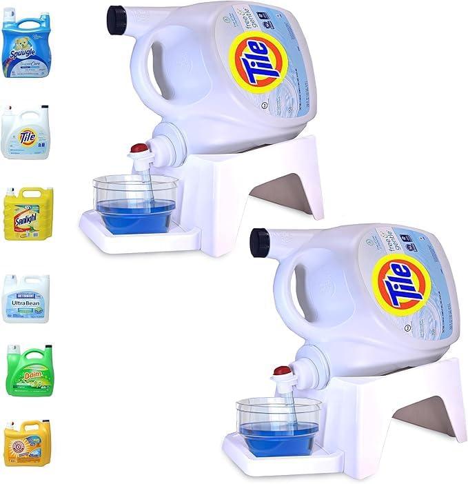 TidyFriend 2 Pack Laundry Detergent Dispenser with Tray & Strap, Laundry Soap Dispenser with Non-Slip Rubber Feet for Washing Room Organization, Easy Pour (White)