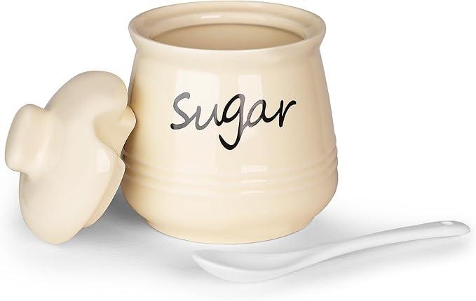 HAOTOP 12oz Sugar Bowl with Lid and Spoon,Ceramic Sugar Jar Sugar Dispenser Sugar Container Coffee Bar Accessories, Kitchen Countertop Canisters, Beige