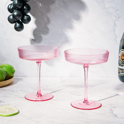 The Wine Savant Ribbed Coupe Cocktail Glasses 8 oz | Set of 2 | Classic Manhattan Glasses For Cocktails, Champagne Coupe, Ripple Coupe Glasses, Art Deco Gatsby Vintage, Crystal with Stems (Rose Pink)