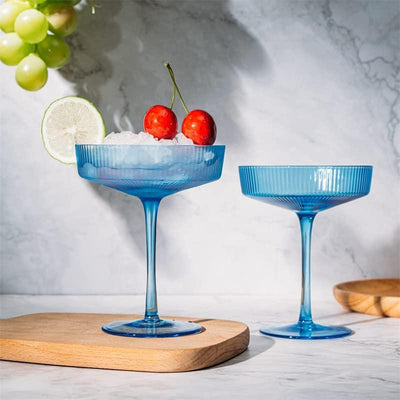 Ribbed Coupe Cocktail Glasses 8 oz | Set of 2 | Classic Manhattan Glasses For Cocktails, Champagne Coupe, Ripple Coupe Glasses, Art Deco Gatsby Vintage, Crystal with Stems (Blue, Set of 2)