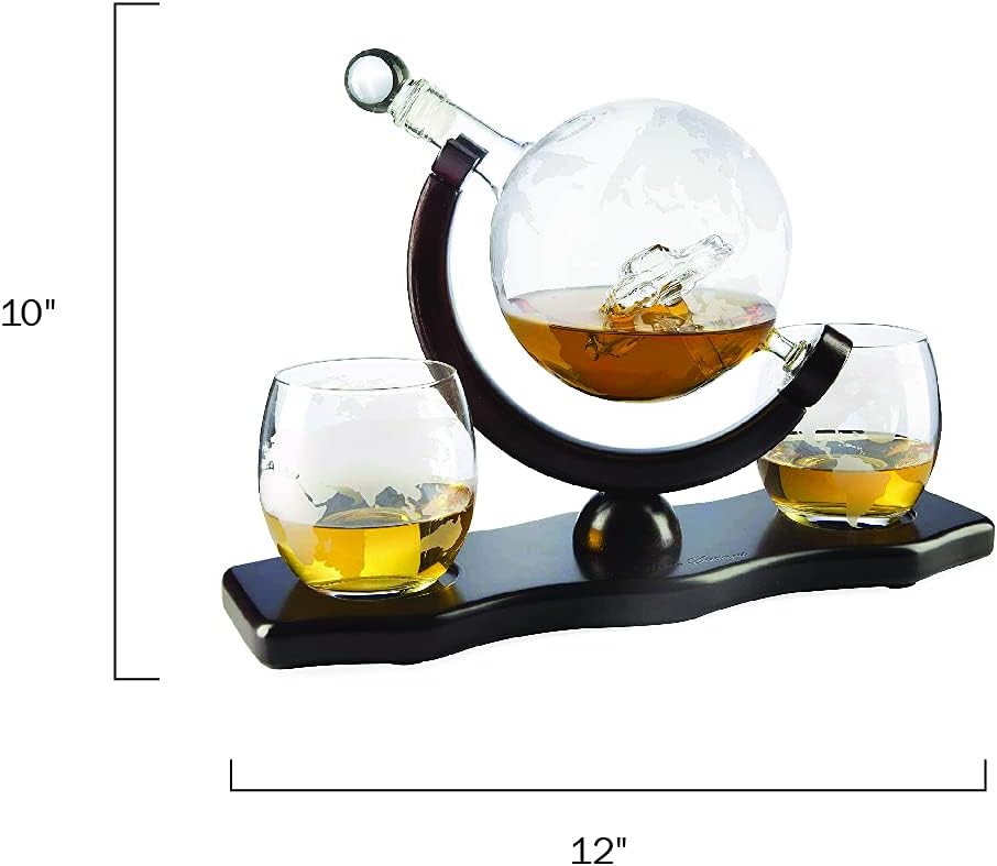 The Wine Savant Globe Car Whiskey Decanter - With 2 Globe Glasses, Includes Whiskey Stones For Whiskey, Scotch, Bourbon or Wine Matching Globe Glasses, HOME BAR DECOR Clear