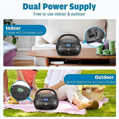 CD Tape Player Indoor/Outdoor BOOMBOX with Bluetooth, Cassette Recording, Radio, Super Bass, Stereo Sound & Aux/USB Drive