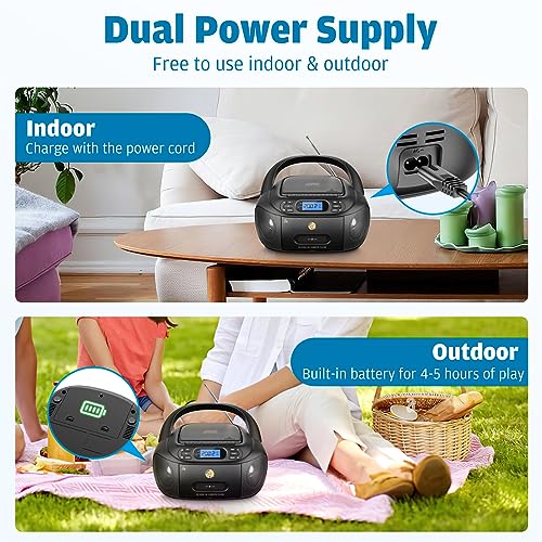 CD Tape Player Indoor/Outdoor BOOMBOX with Bluetooth, Cassette Recording, Radio, Super Bass, Stereo Sound & Aux/USB Drive