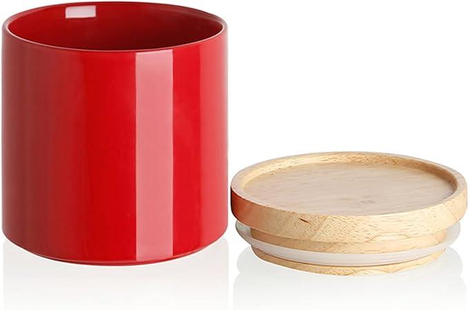 Sweejar Kitchen Canisters Ceramic Food Storage Jar, Stackable Containers with Airtight Seal Wooden Lid for Serving Coffee Bean, Flour, Tea, Spice and More - 39 Fl Oz (Red)