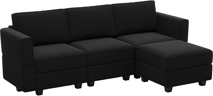 Belffin Modern L Shaped Velvet Sectional Sofa with Chaise, Black, Storage, Adjustable Arm/Backrest