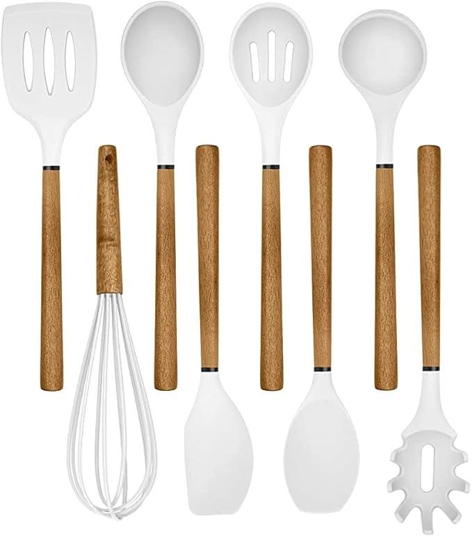 Country Kitchen Non Stick Silicone Utensil Set with Rounded Wood Handles for Cooking and Baking, 8 Piece Set, White