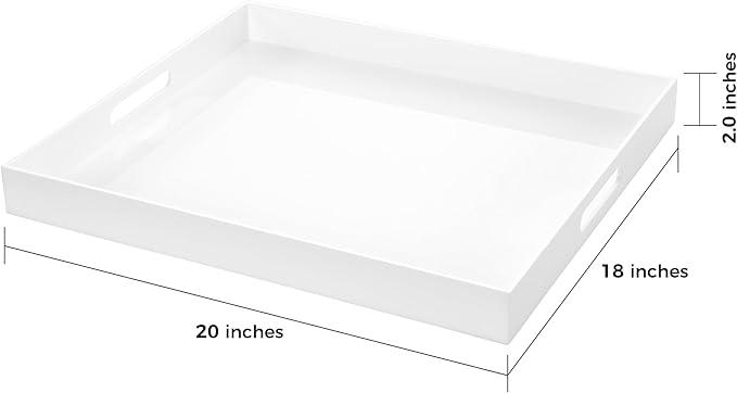 White Rectangular 18x20 Inches Acrylic Ottoman Tray Decorative Serving Tray with Cutout Handles Organizer Tray on Coffee Table Countertop Big Breakfast Bed Tray Living Room Appetizer Serving Food