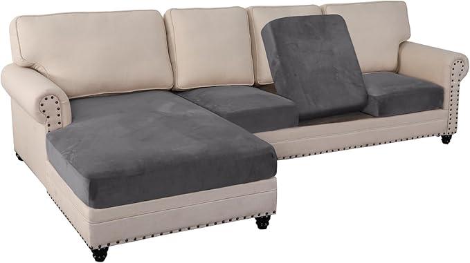 PrinceDeco Sectional Couch Covers 4 Pieces Velvet Separate Couch Cushion Covers L Shape for Left/Right Chaise Sectional Couch with Elastic Bottom (3 Seater + 1 Chaise,Grey)