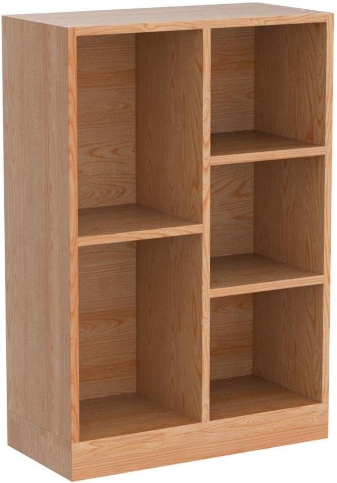 IOTXY Open Shelf Low Bookcase - Wooden 3-Tier Floor Standing Display Cabinet Organizer with Base, 5 Cubes Short Horizontal Bookshelf in Pear Yellow