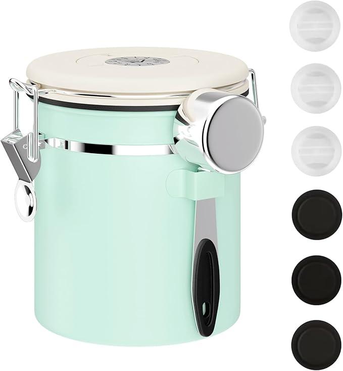ShanSon Coffee Canister Airtight Coffee Container Stainless Steel Coffee Bean Storage Container with CO2 Release Valve and Scoop Coffee Canister for Beans,Grounds,Sugar,Flour,Tea,Cereal,16OZ,Green