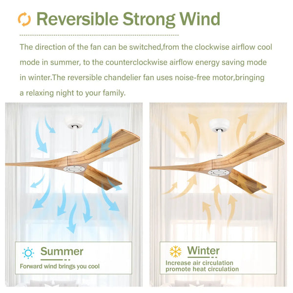 52” Ceiling Fan with Remote, Reversible DC Motor, 3 Wood Blades