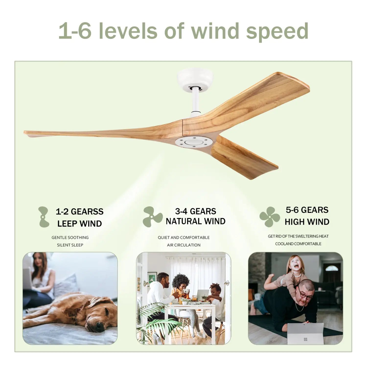 52” Ceiling Fan with Remote, Reversible DC Motor, 3 Wood Blades