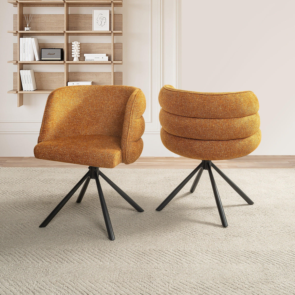 Modern 270° Swivel Upholstered Desk Chairs Set of 2 in Orange, Chenille Fabric with Metal Base for Home Office, Bedroom, Or Living Room