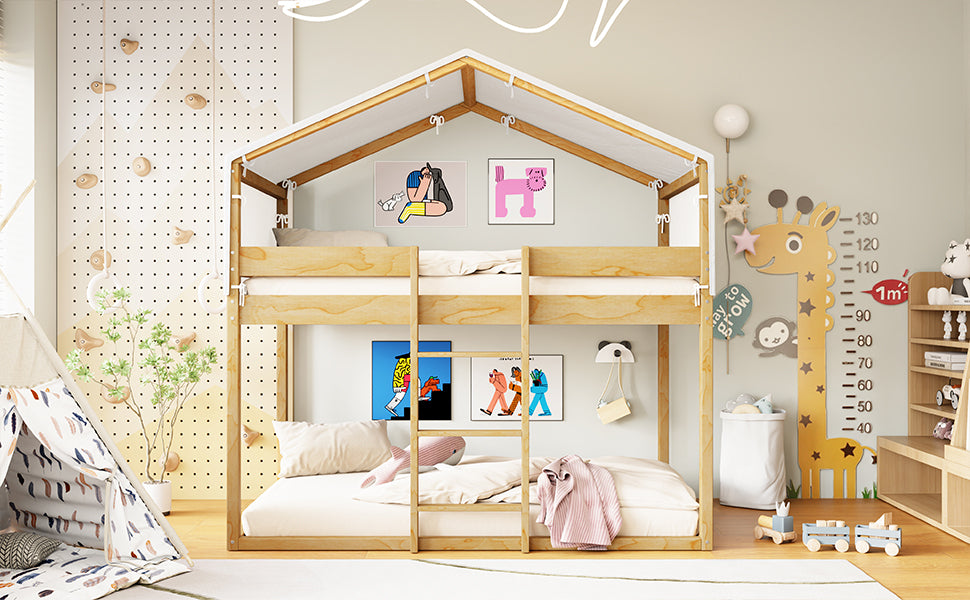 Twin Over Twin Wood Bunk Bed with Tent Canopy for Kids Bedroom Furniture