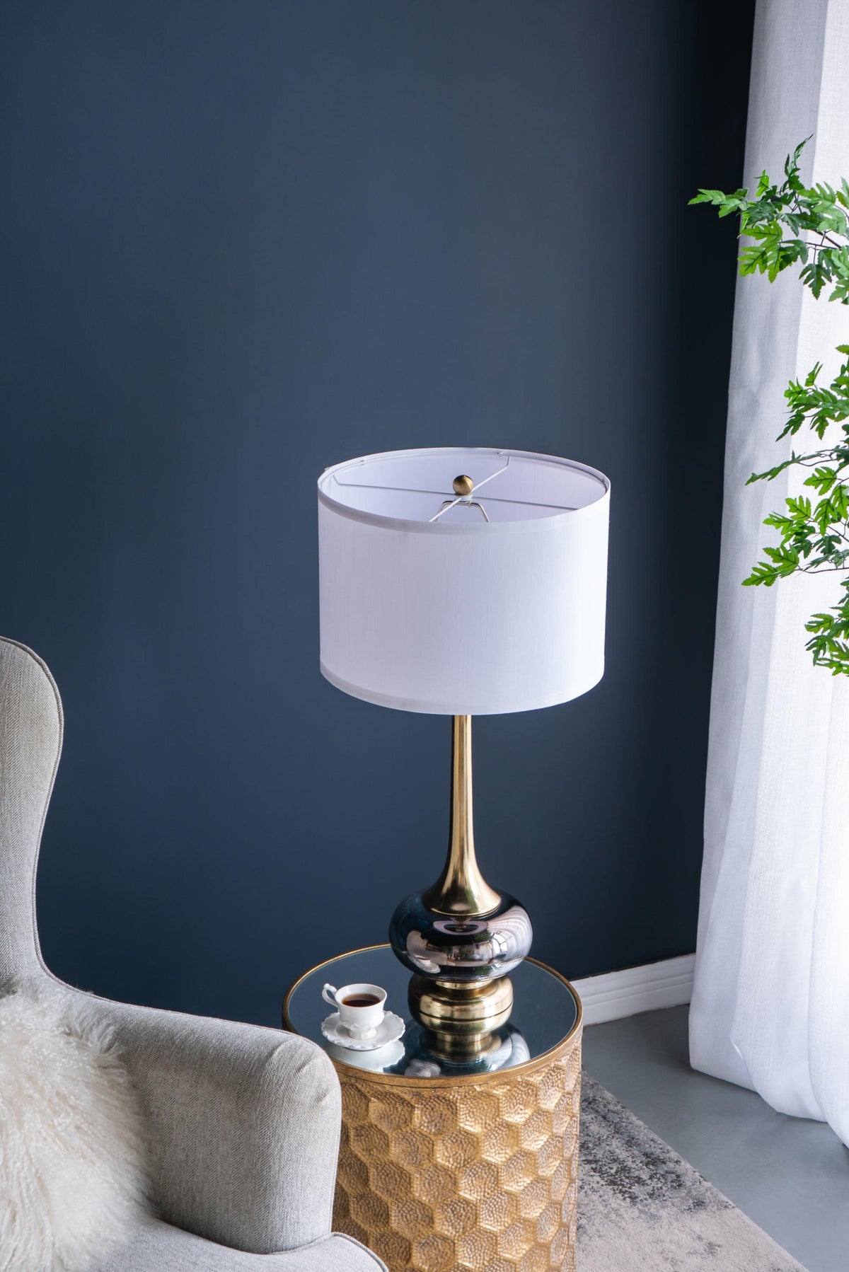 Modern Glass Table Lamp with Gold Accents & White Drum Shade
