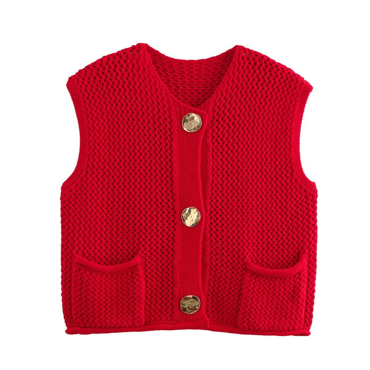 Street Fashion Crochet Hollow Vest Solid Color Versatile Round Neck Jacket