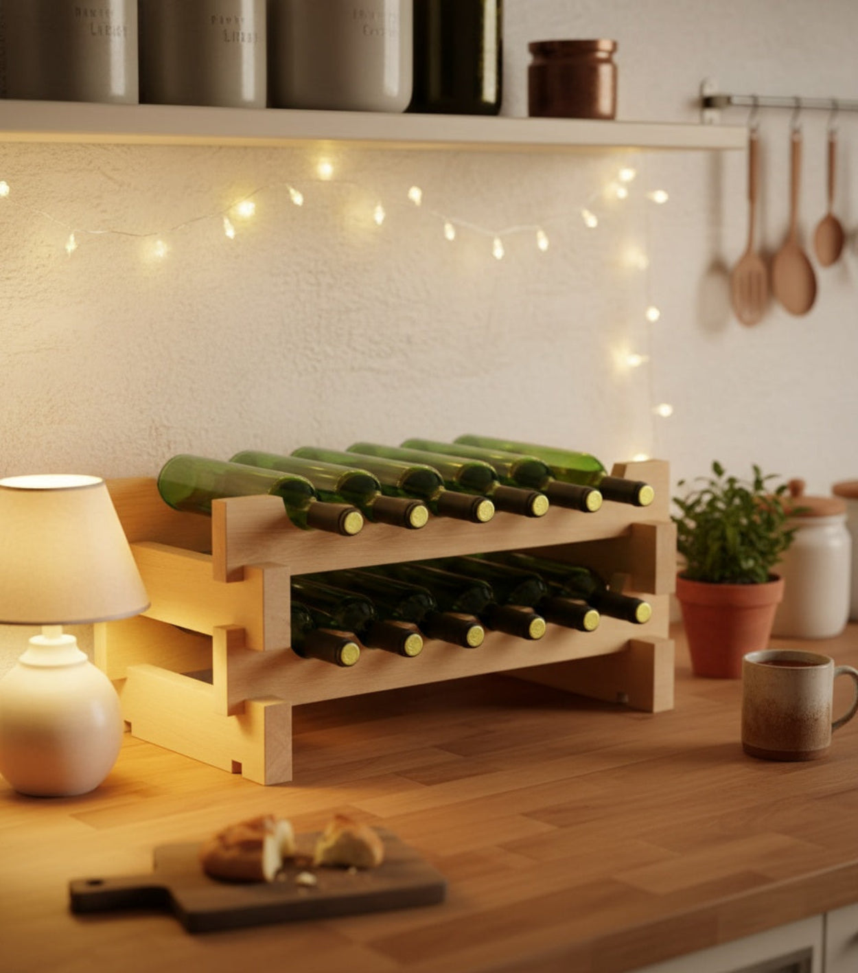 Stackable Wood Wine Rack Customizable for Growing Bottle Collection, Small and Space Saving Holds 12 Bottles