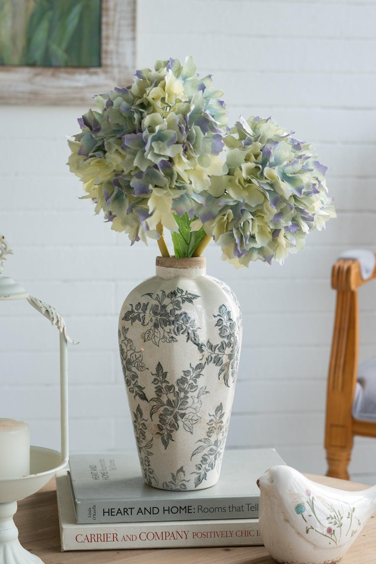 Vintage European Ceramic Vase with Distressed White Finish & Gray Floral Design