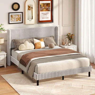 Queen Size Velvet Bed Frame with Vertical Channel Tufted Wingback Headboard-White