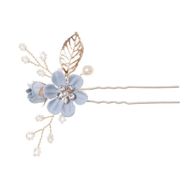 Luxury Blue Flower Hair Combs Headdress Prom Bridal Wedding Hair Accessories Gold Leaves Hair Jewelry Hair Pins