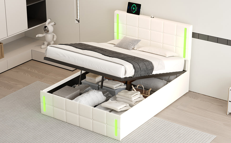 Full Size Upholstered Bed with LED Lights,Hydraulic Storage System and USB Charging Station,White V.I.P Digital Presence