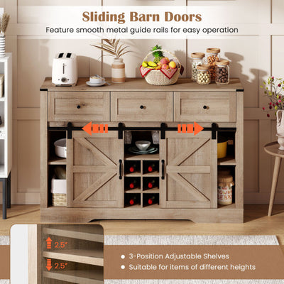 52 Inches Wine Bar Cabinet with LED Lights and Sliding Barn Doors-Light Gray