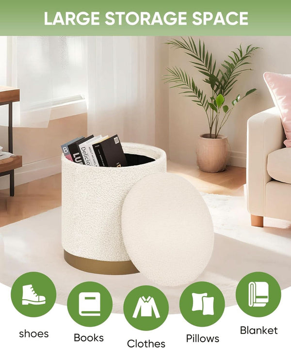 Round White Storage Space Ottoman Gold Plated Base Frame
