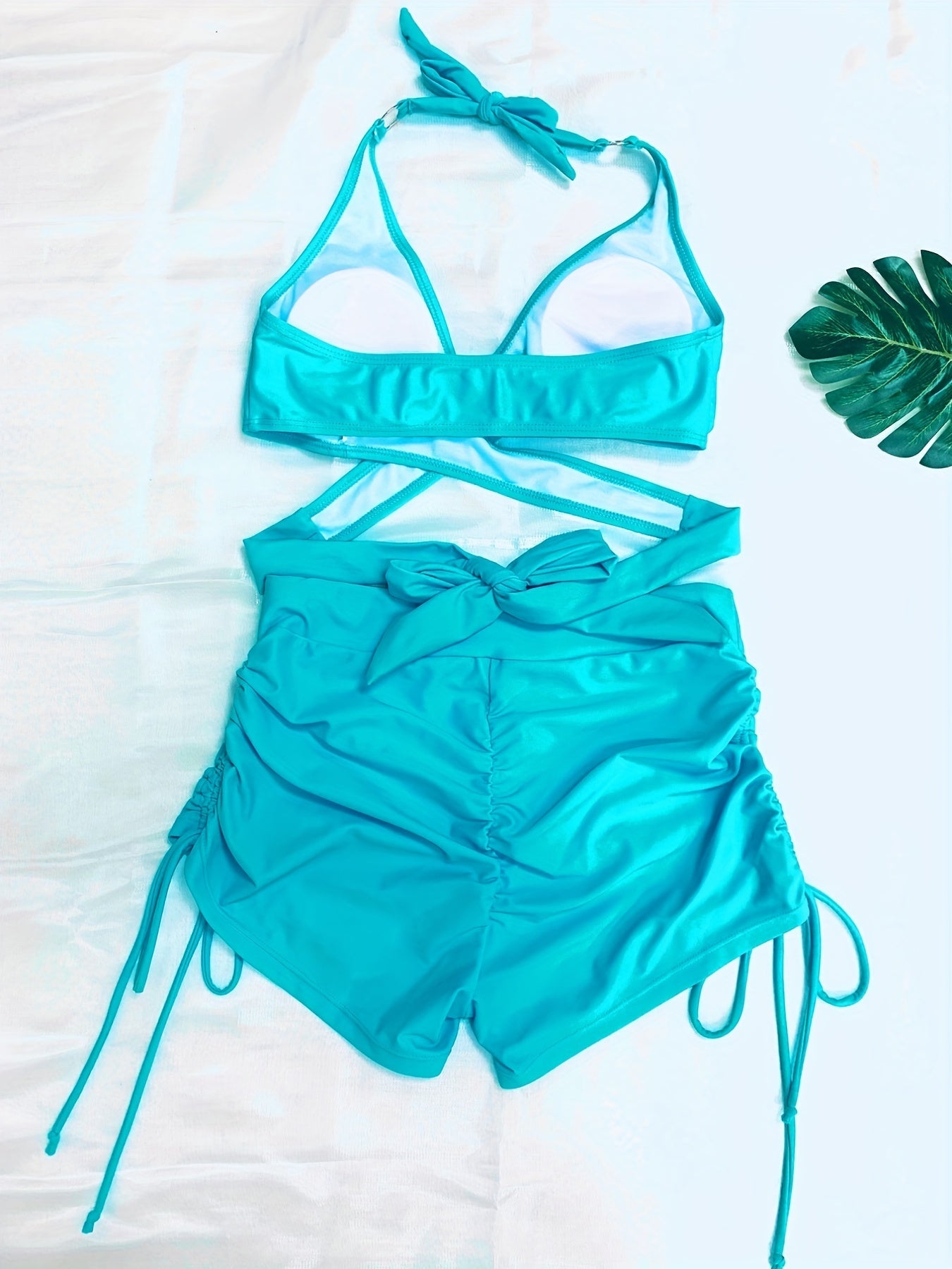 Coastal Curve Halter Bikini Set for Women – V-Neck Crisscross Drawstring Swimsuit with Chic Ring Detail & High-Waisted Boxer Shorts for Summer – Sleek Two-Piece Nylon Swimwear for Women’s Beach & Poolside Style