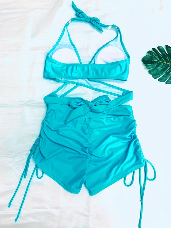 Coastal Curve Halter Bikini Set for Women – V-Neck Crisscross Drawstring Swimsuit with Chic Ring Detail & High-Waisted Boxer Shorts for Summer – Sleek Two-Piece Nylon Swimwear for Women’s Beach & Poolside Style