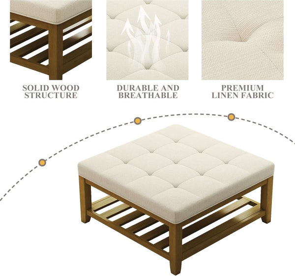 Oversized Ivory Upholstered Ottoman With Wooden Shelf