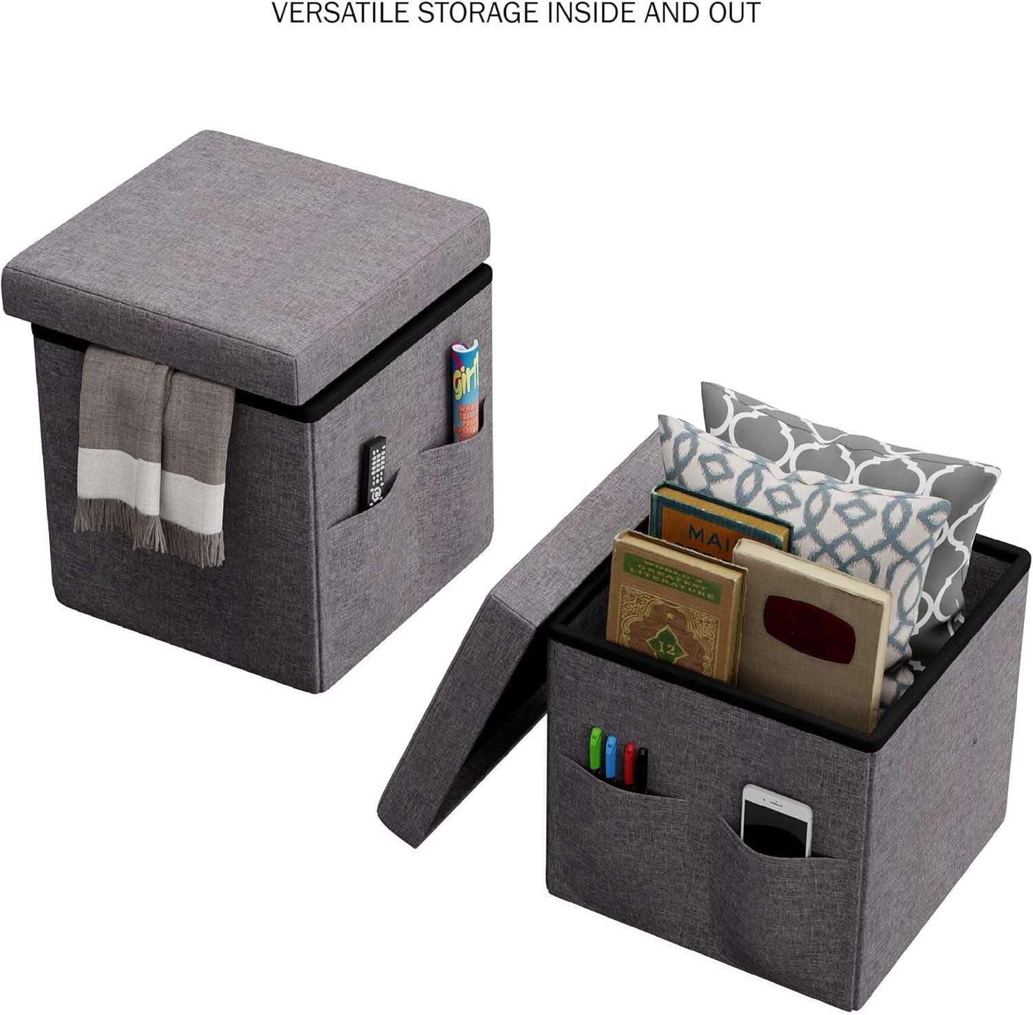 Gray 15 Inch Collapsible Storage Ottomans Compartments