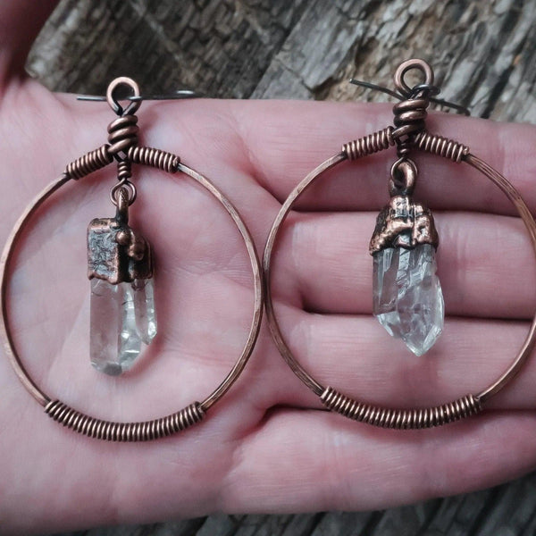 Quartz Earrings - Artisan Copper Hoops | Handmade by Blackbird & Sage