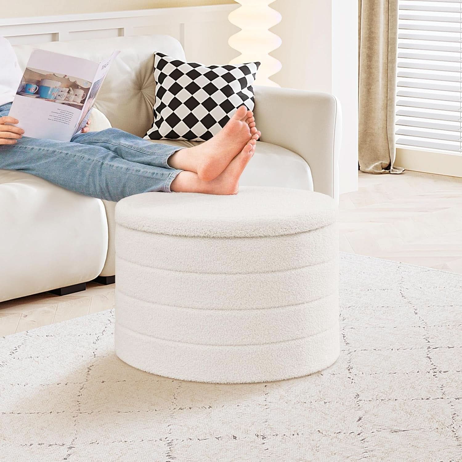 Rounded White Luxurious Boucle Storage Ottoman Lid