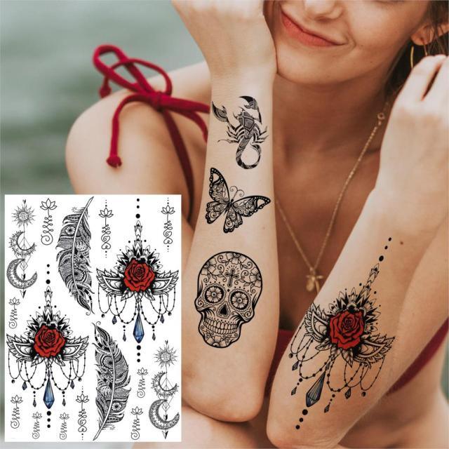 53 Sheets Black Lace Temporary Tattoos Sticker Butterfly Flower Fake Tatoo Sticker Sexy  Black Henna Temporary Tattoos For Women