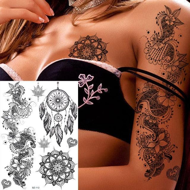 53 Sheets Black Lace Temporary Tattoos Sticker Butterfly Flower Fake Tatoo Sticker Sexy  Black Henna Temporary Tattoos For Women