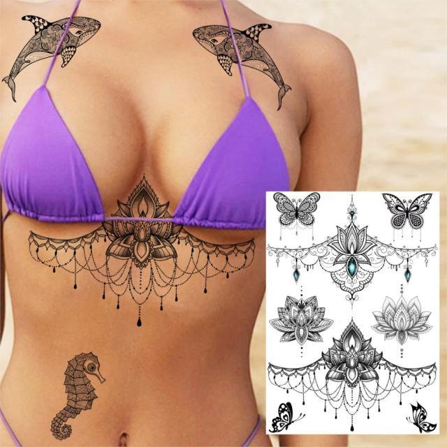 53 Sheets Black Lace Temporary Tattoos Sticker Butterfly Flower Fake Tatoo Sticker Sexy  Black Henna Temporary Tattoos For Women