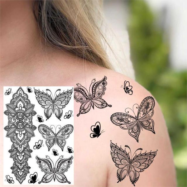 53 Sheets Black Lace Temporary Tattoos Sticker Butterfly Flower Fake Tatoo Sticker Sexy  Black Henna Temporary Tattoos For Women