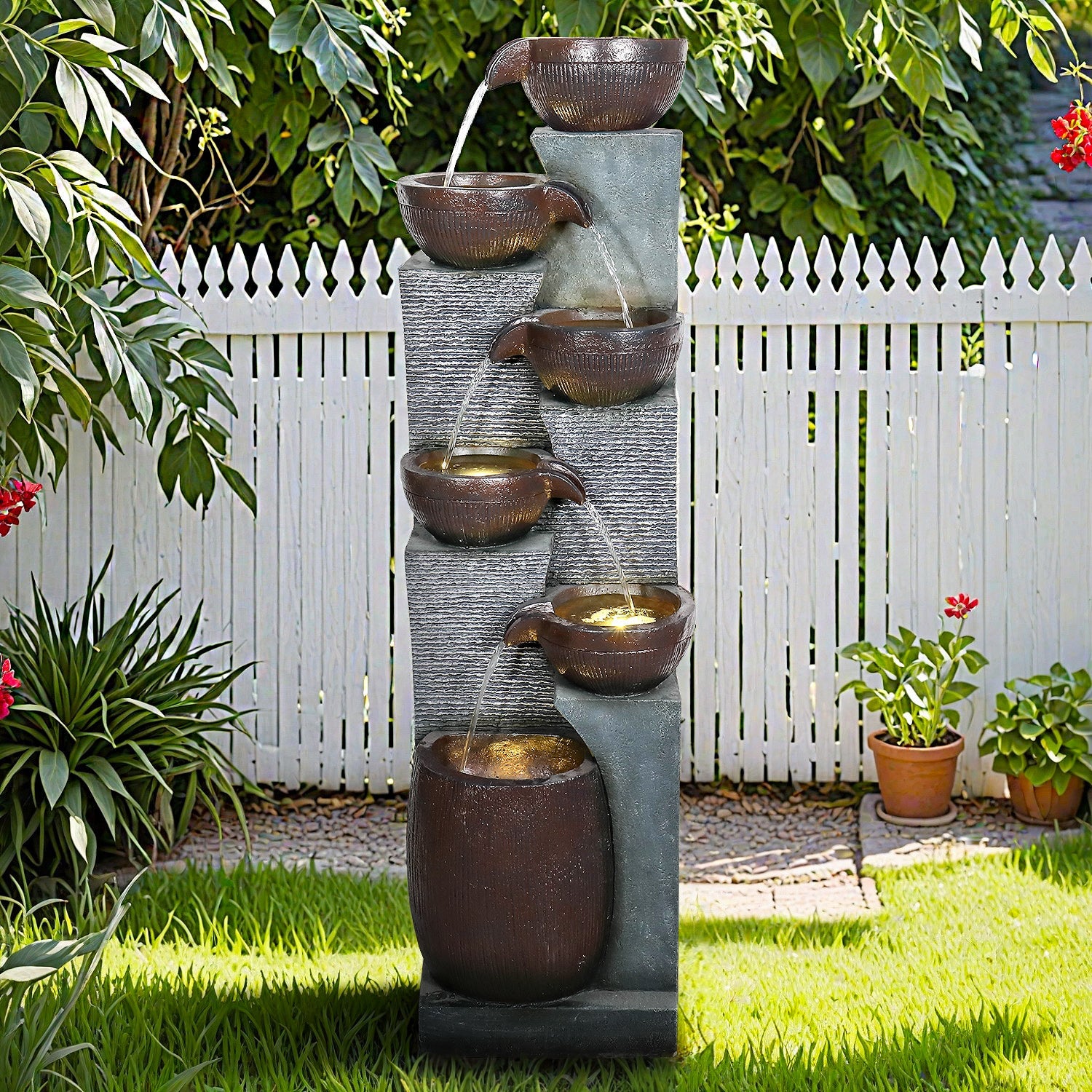 Resin 6 Tier Outdoor Water Fountain Pottery Bowls 53 in