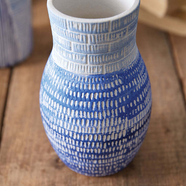Blue and White Textured Ceramic Vase