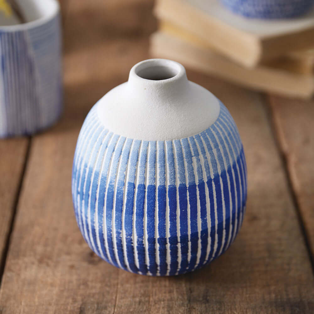 Blue and White Textured Ceramic Bud Vase