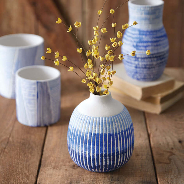 Blue and White Textured Ceramic Bud Vase
