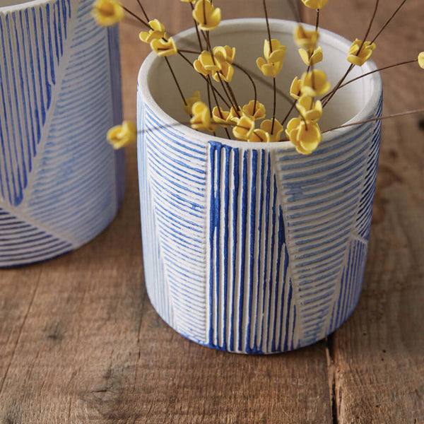 Blue and White Geometric Textured Ceramic Pots | Pair