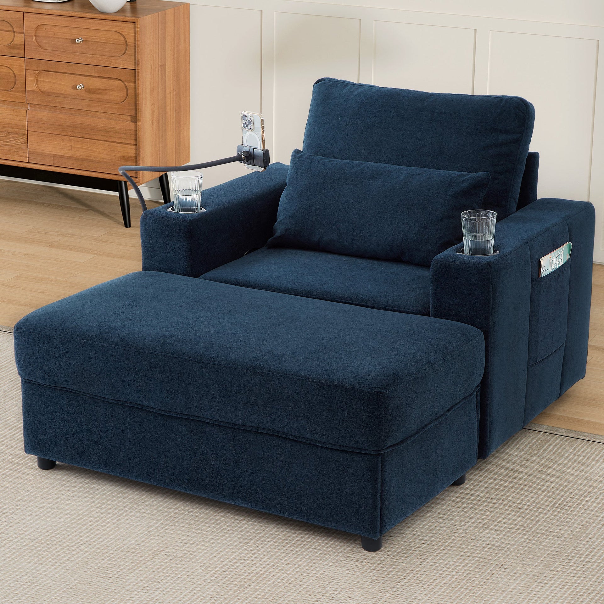 Modern Style Armchair Chaise Lounge  with Movable Storage Ottoman, USB Ports, and Cup Holders