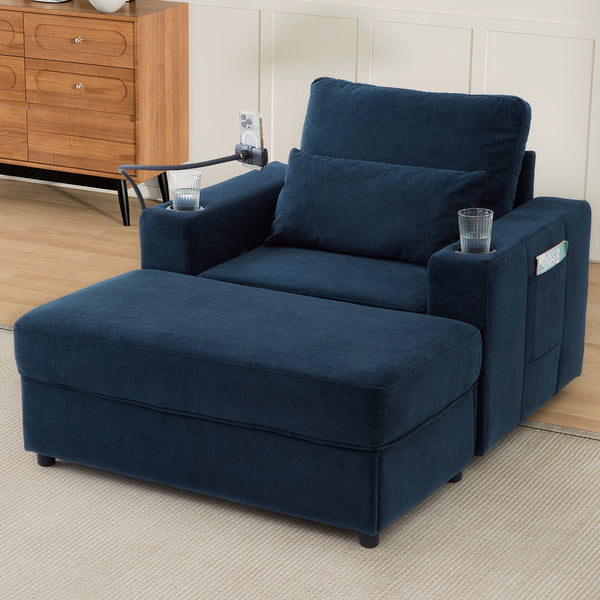 Modern Style Armchair Chaise Lounge  with Movable Storage Ottoman, USB Ports, and Cup Holders
