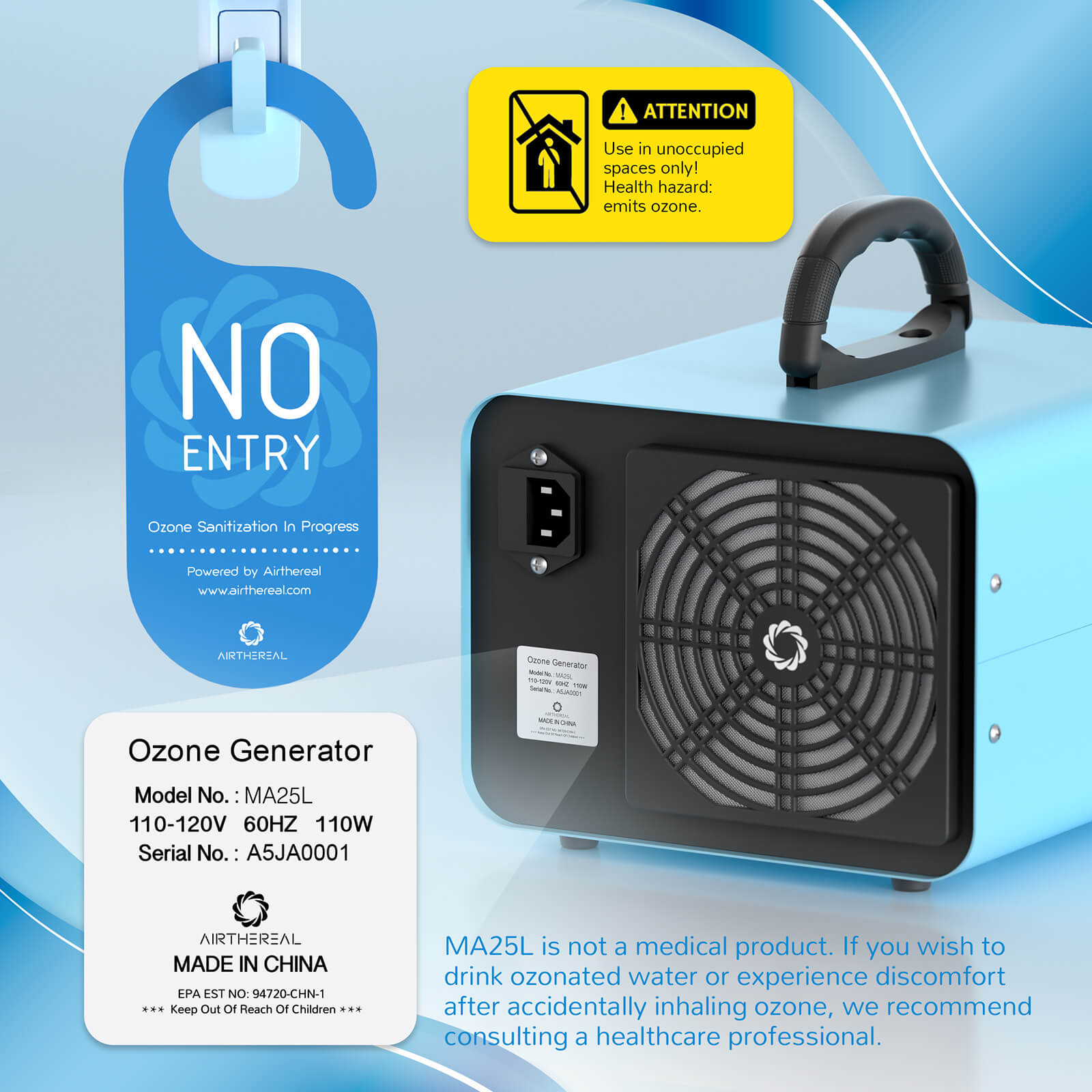 MA25L Dual-Mode Ozone Generator for Air & Water Airthereal
