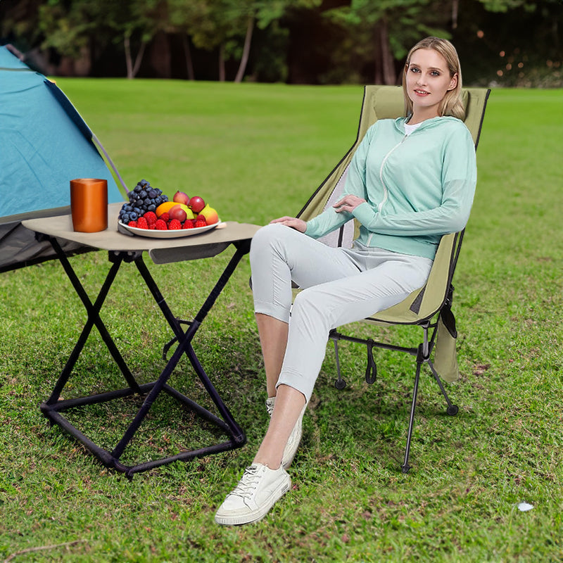 Folding camping chair with headrest. Lightweight, aluminum alloy, for travel and fishing. Outdoor furniture.