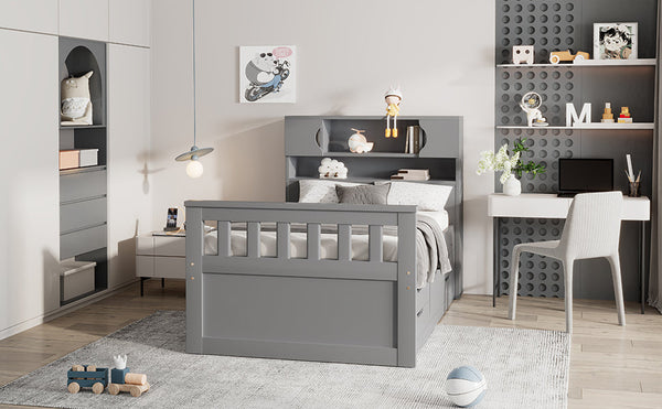 Twin Size Captain Platform Bed Frame with Storage Bookcases and Shelves,Four Drawers, Gray